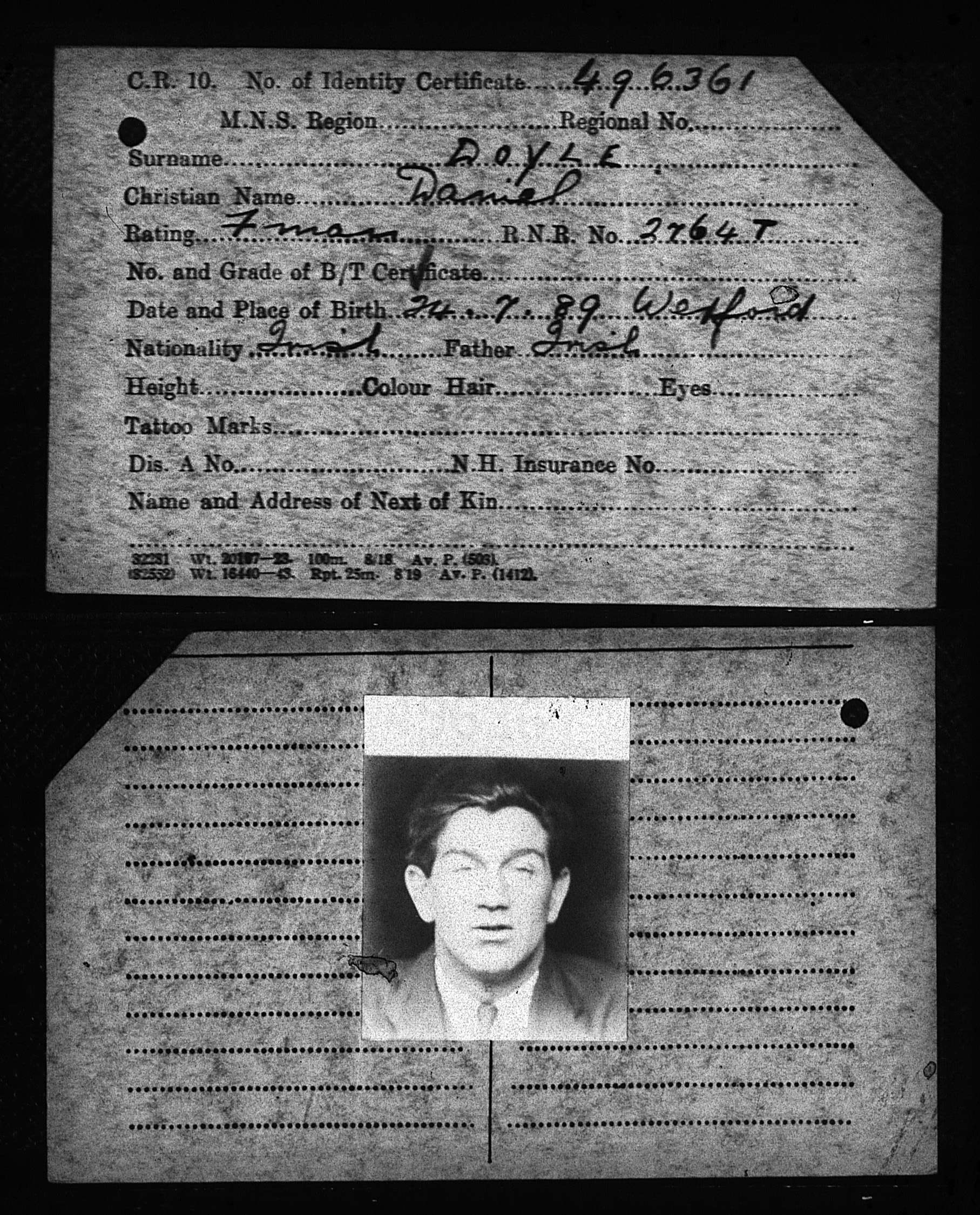 Daniel Doyle Merchant Seaman identity certificate
